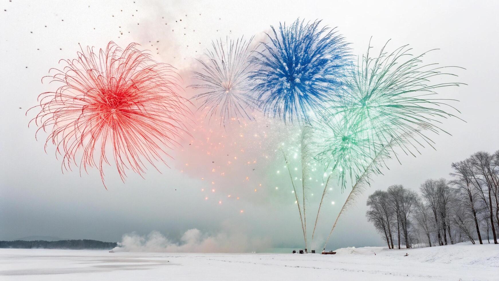 Winter Fireworks Display Over Frozen Lake with Snowy Landscape and Bare Trees in Background photo