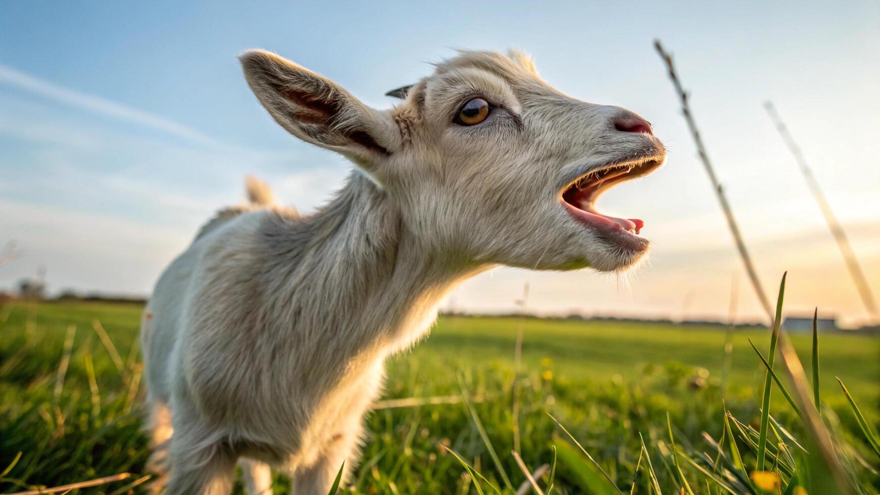 A baby goat is standing in a field with its mouth open photo