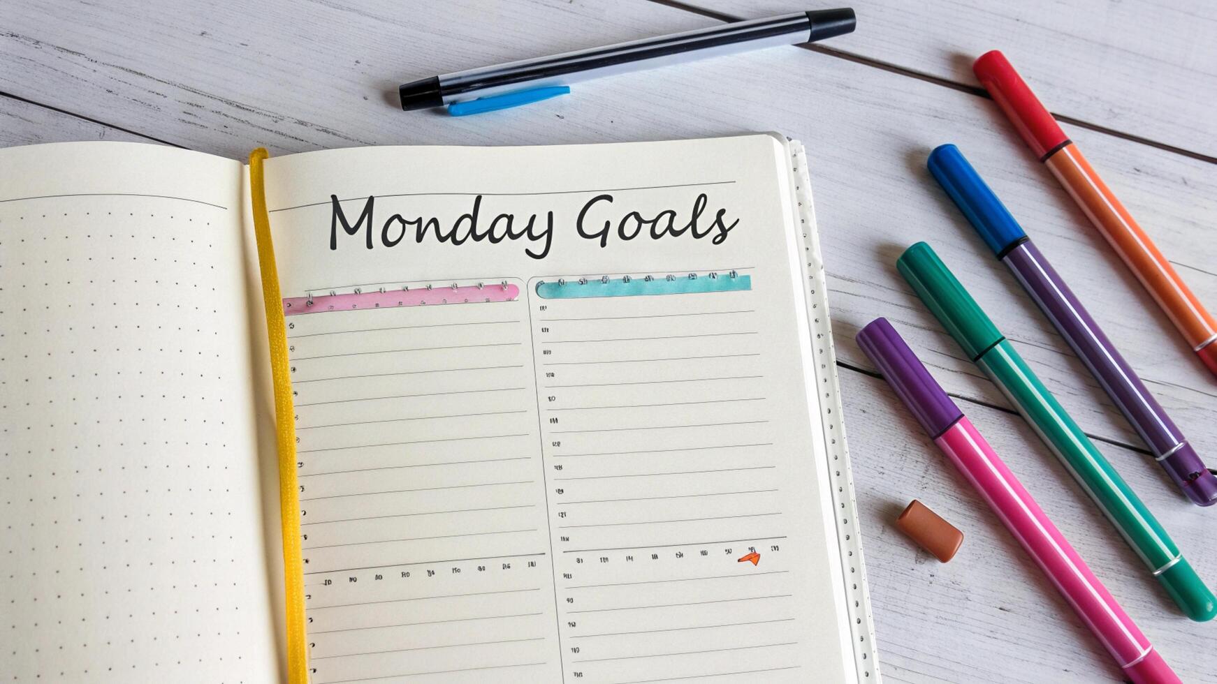Open Planner with Monday Goals Colorful Markers and a Pen on a Wooden Table photo