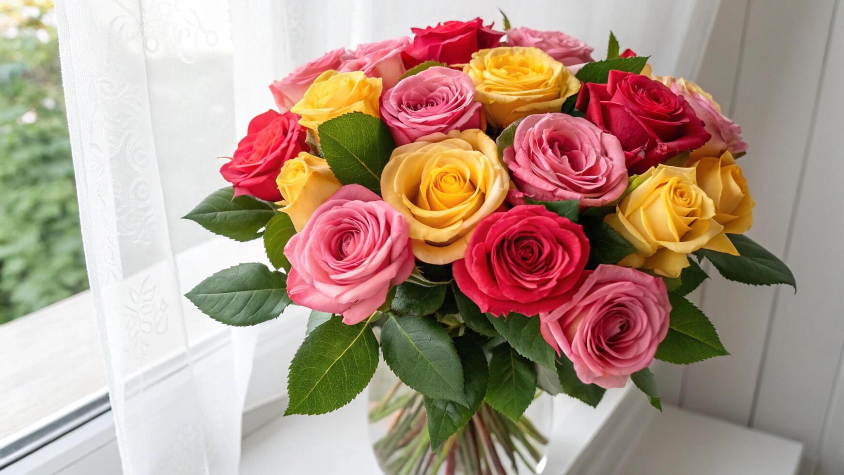 A vase filled with colorful roses sitting on a window sill photo