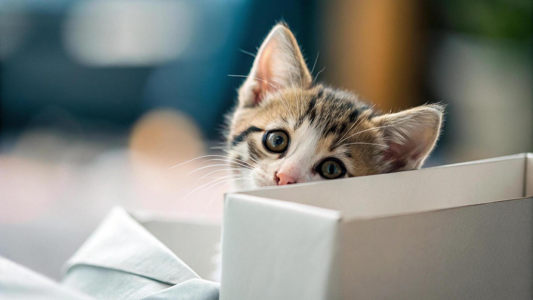 A kitten peeking out from inside a box photo