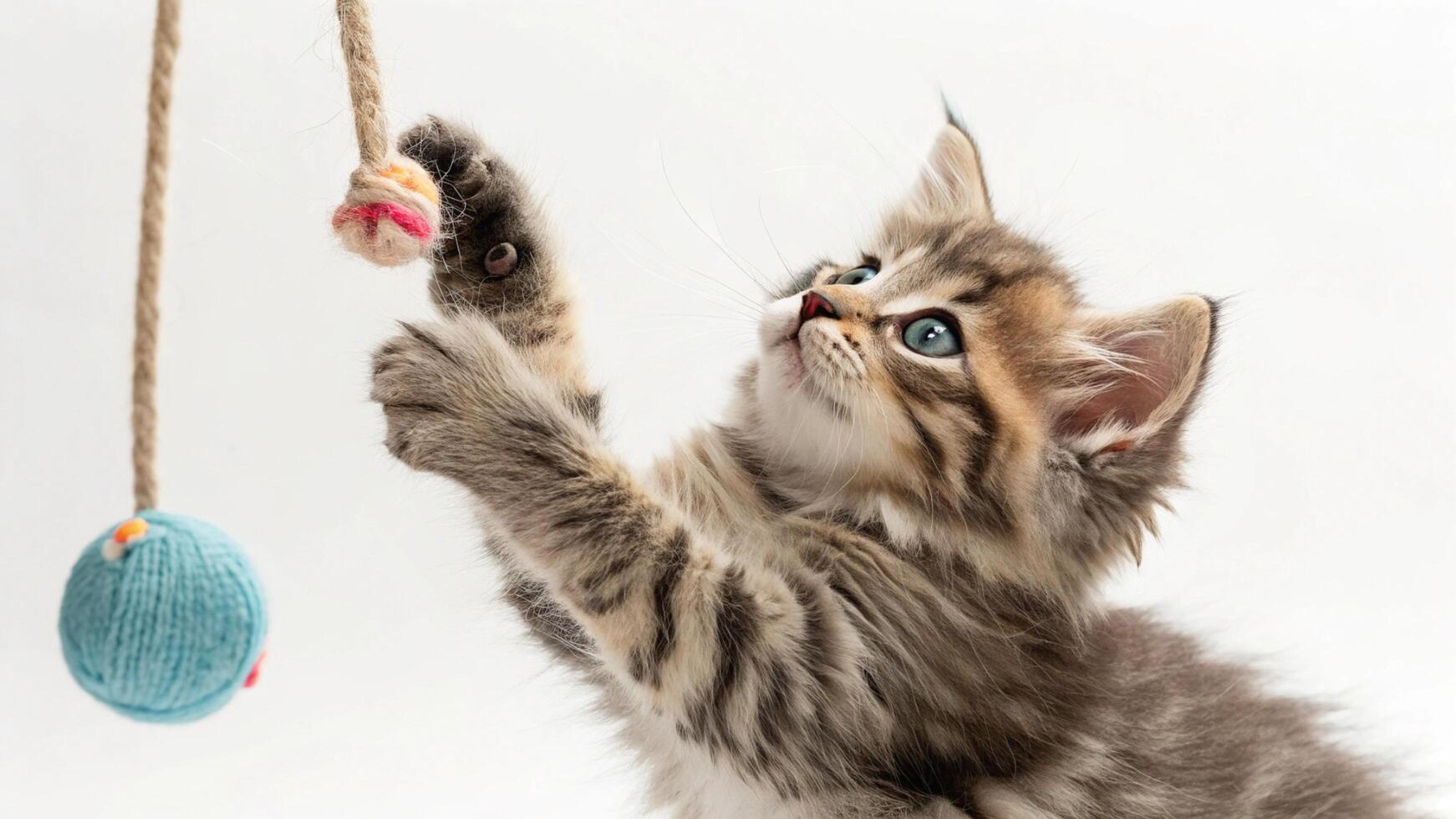 A kitten playing with a toy on a white background photo