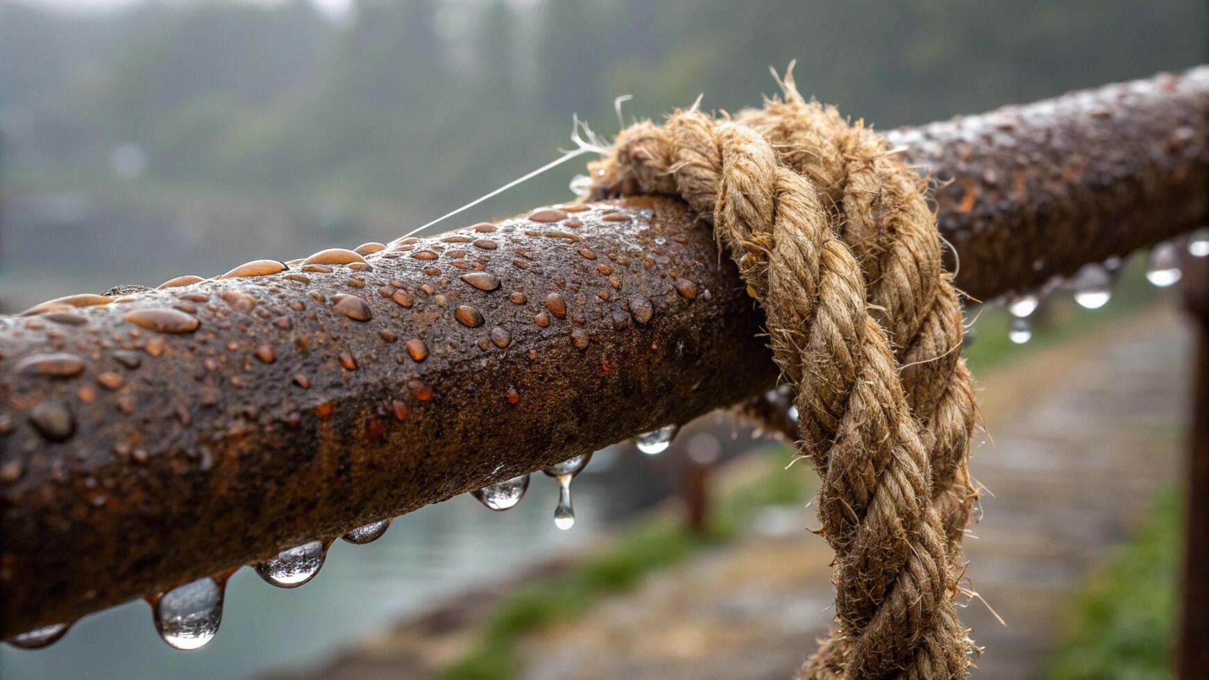 A rope is hanging on a rusty pipe with water droplets on it photo