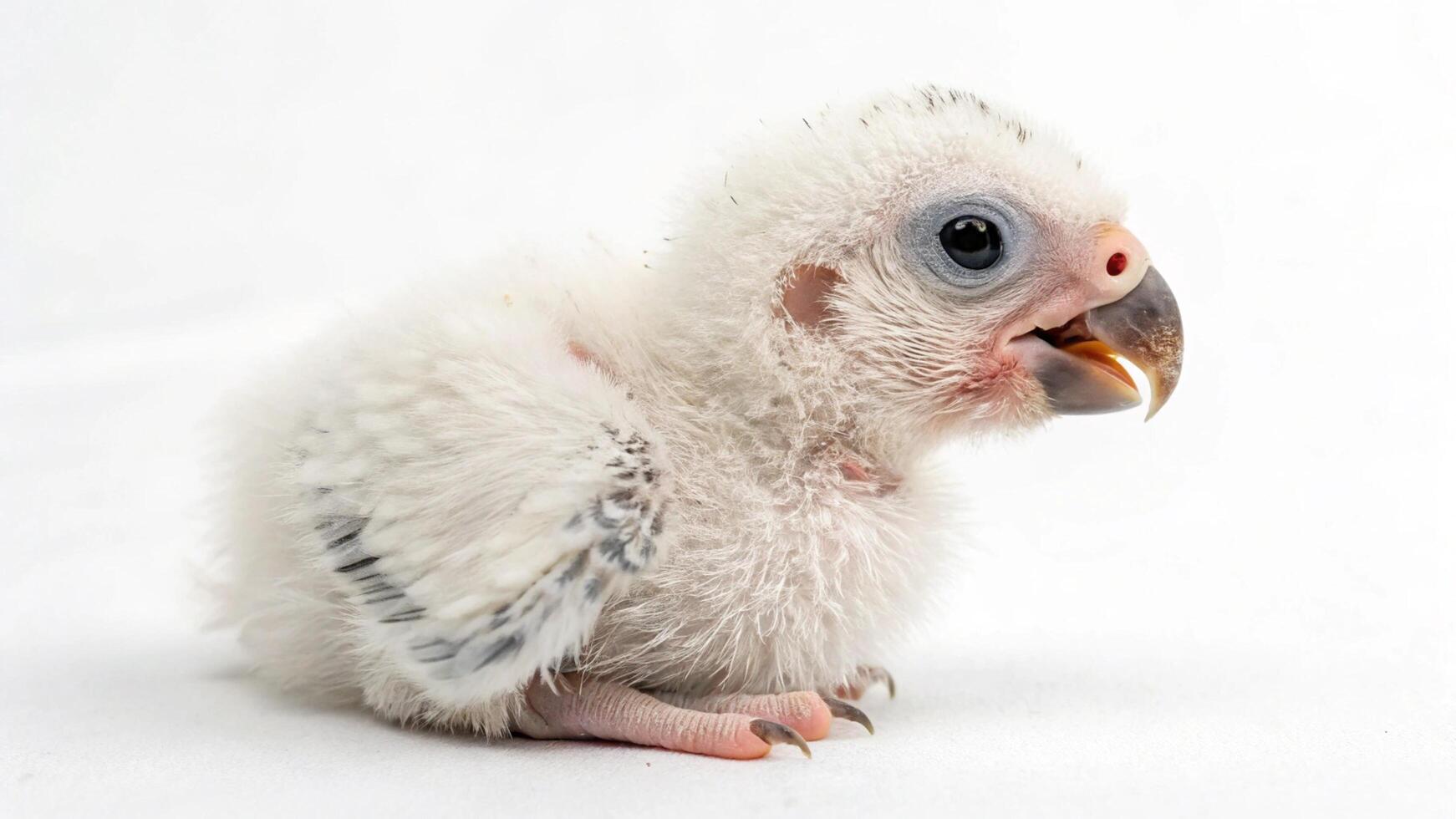 A baby bird with a big beak sitting on a white background photo