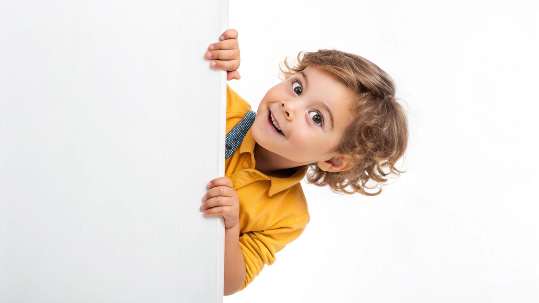 Cute Young Boy Peeking Around a Blank White Board with Curious and Playful Expression photo