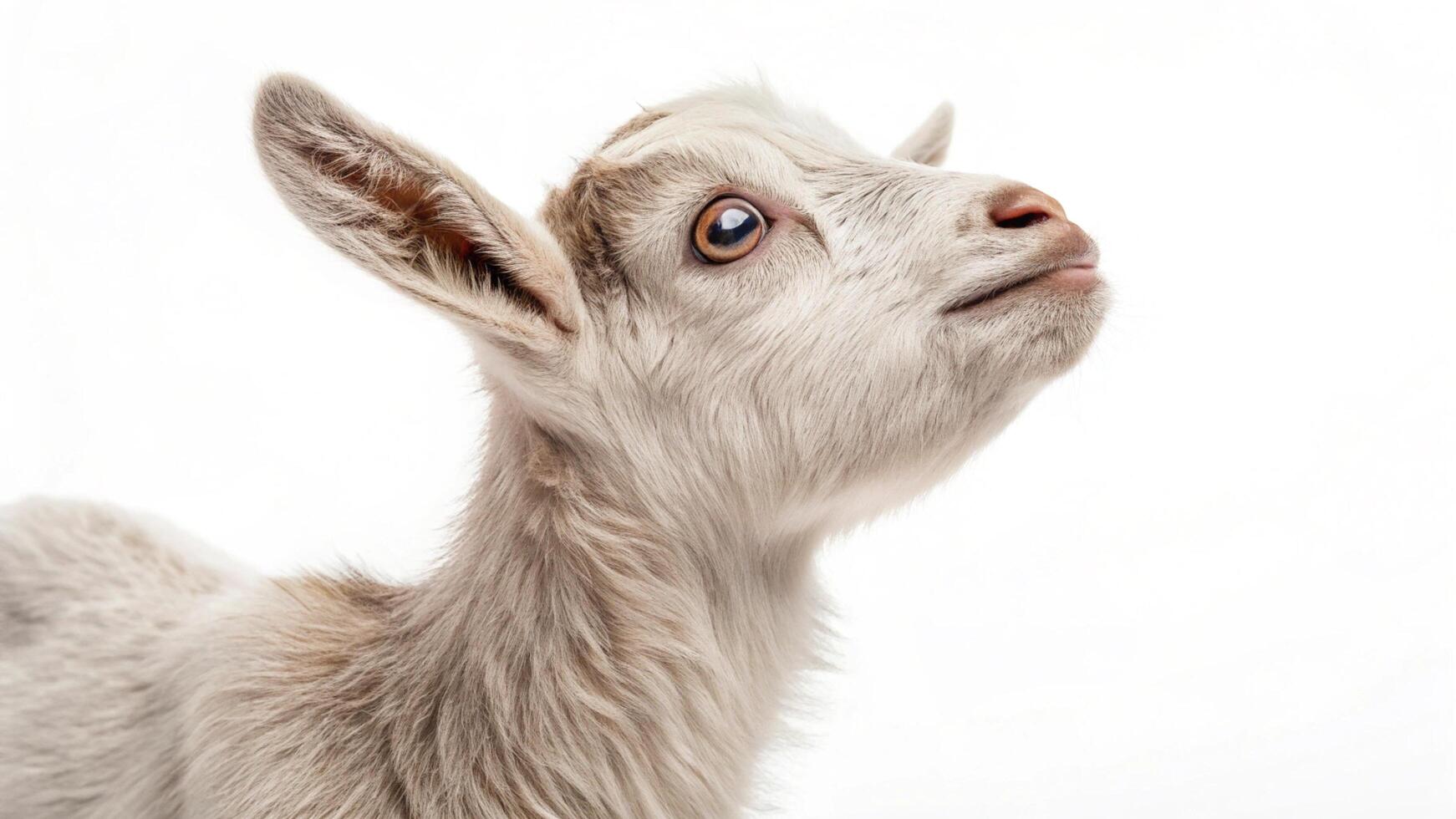 A goat looking up at something on a white background photo