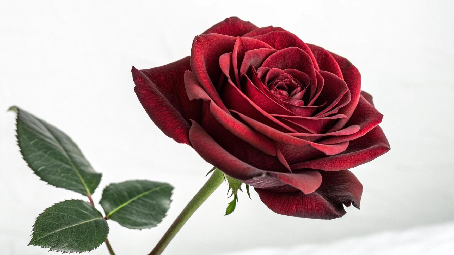 A single red rose is shown in front of a white background photo