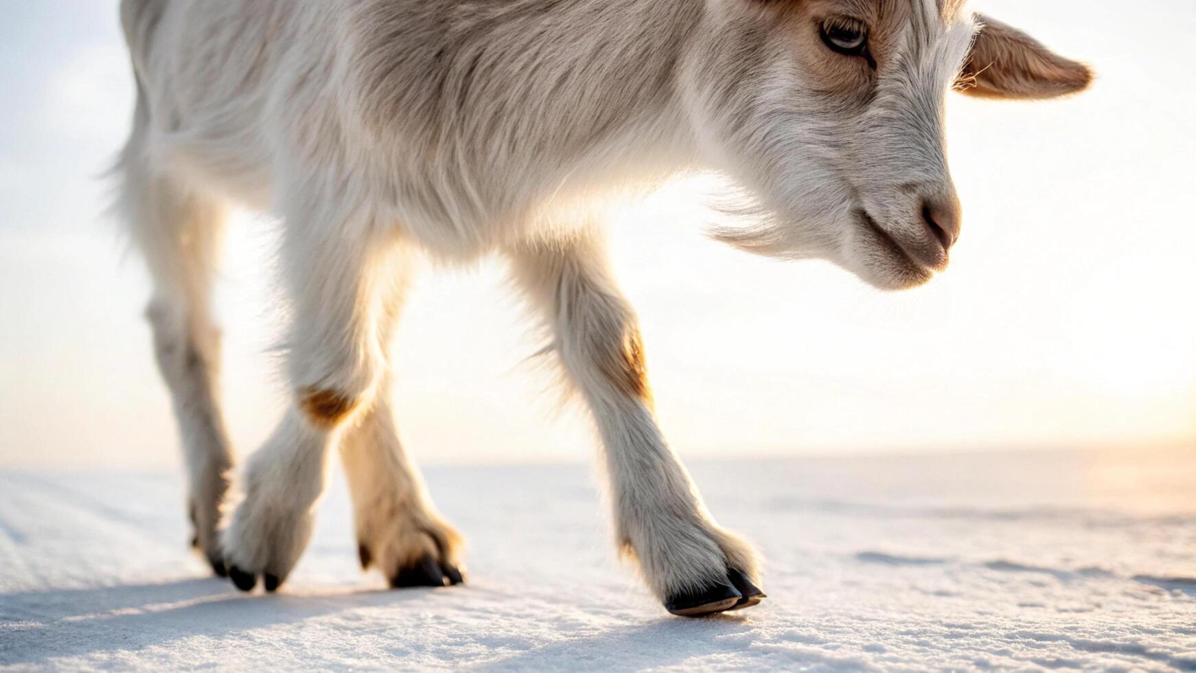 A goat walking across a snowy field photo