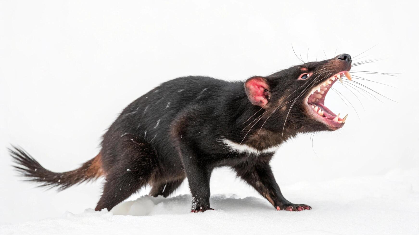 a black and white tasmanian devil with its mouth open photo