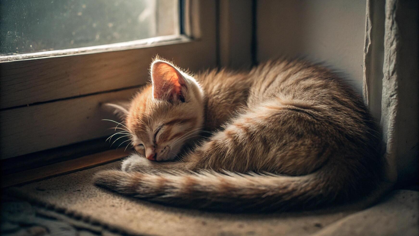 A small kitten sleeping on a window sill photo