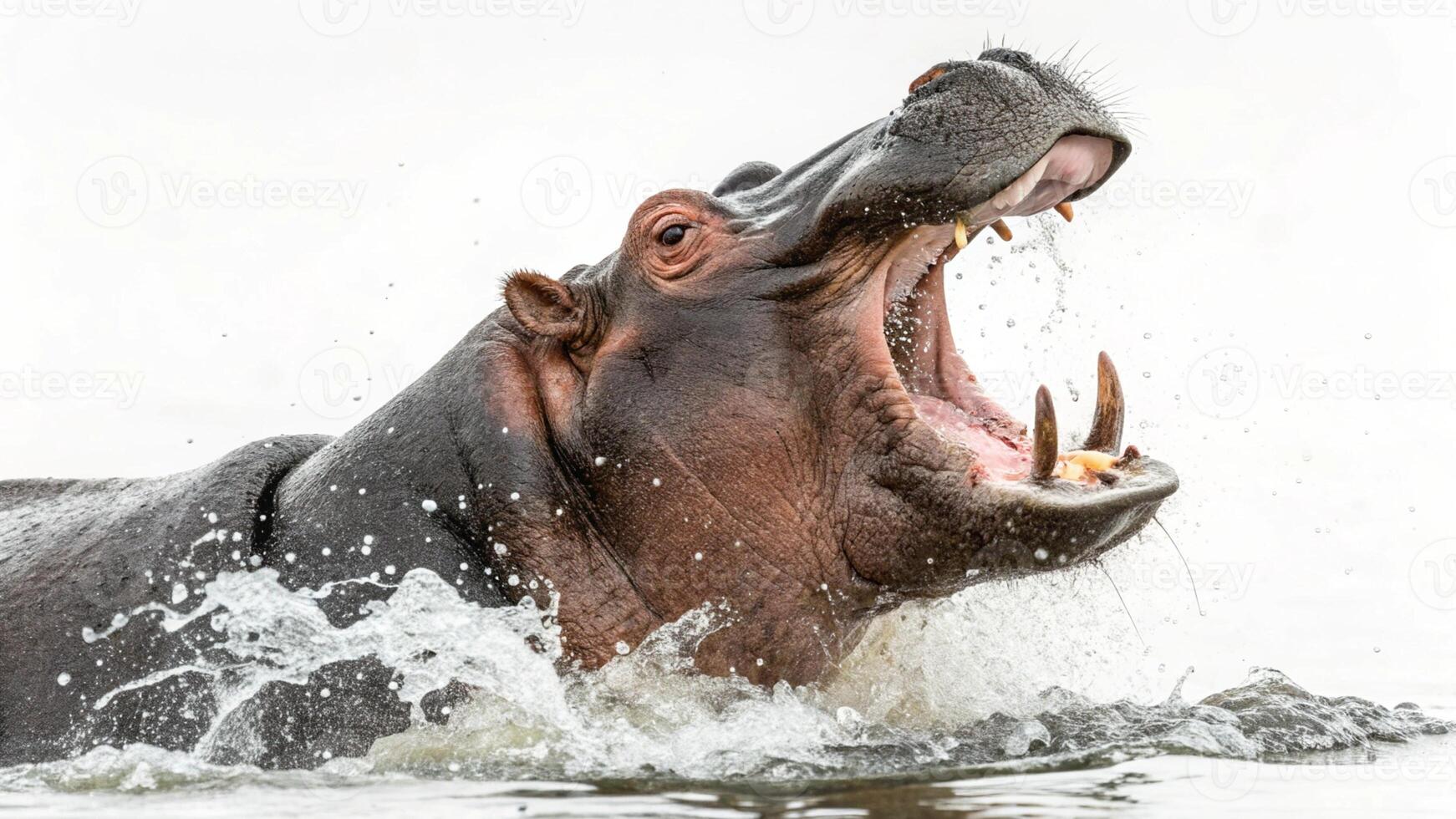 a hippo is showing its teeth in the water photo