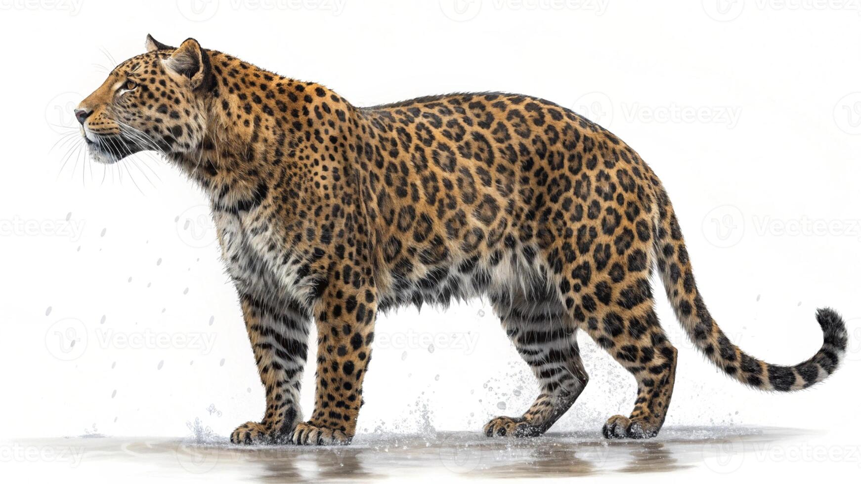 a leopard standing in water with its head down photo