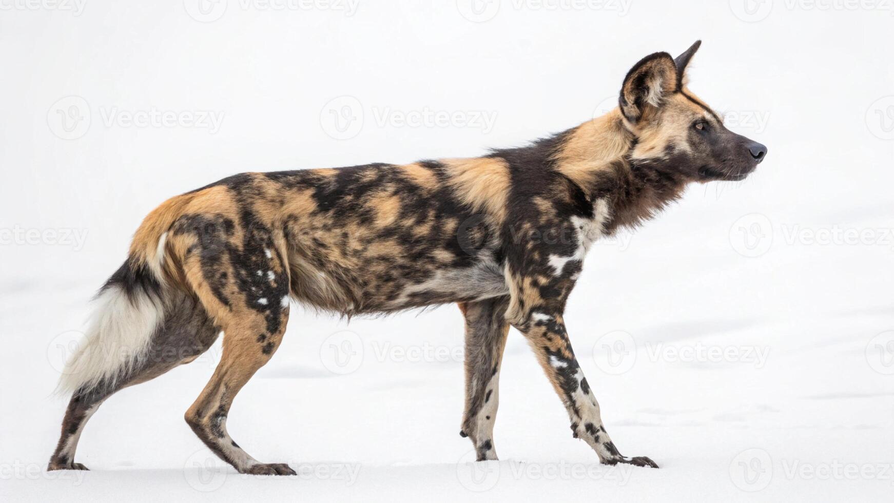 African Wild Dog Walking in the Snow. A striking image of an African wild dog in profile, walking across a snowy landscape. Generate AI photo