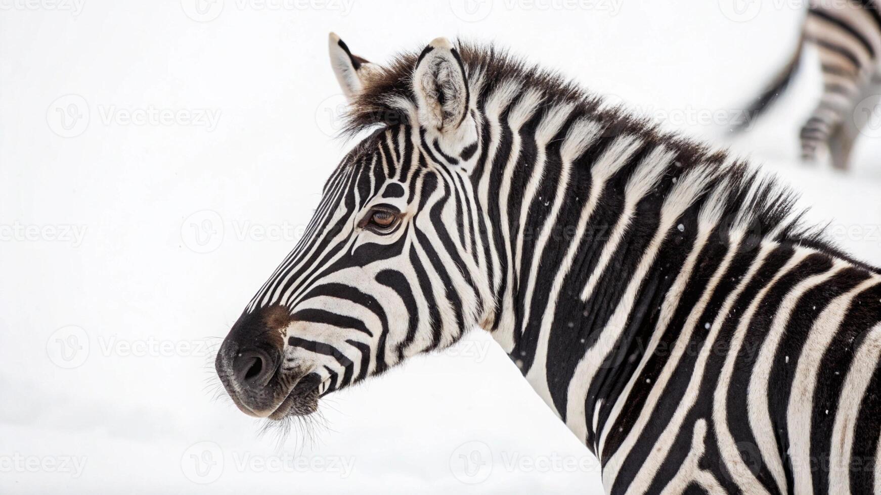 a zebra is standing in the snow photo