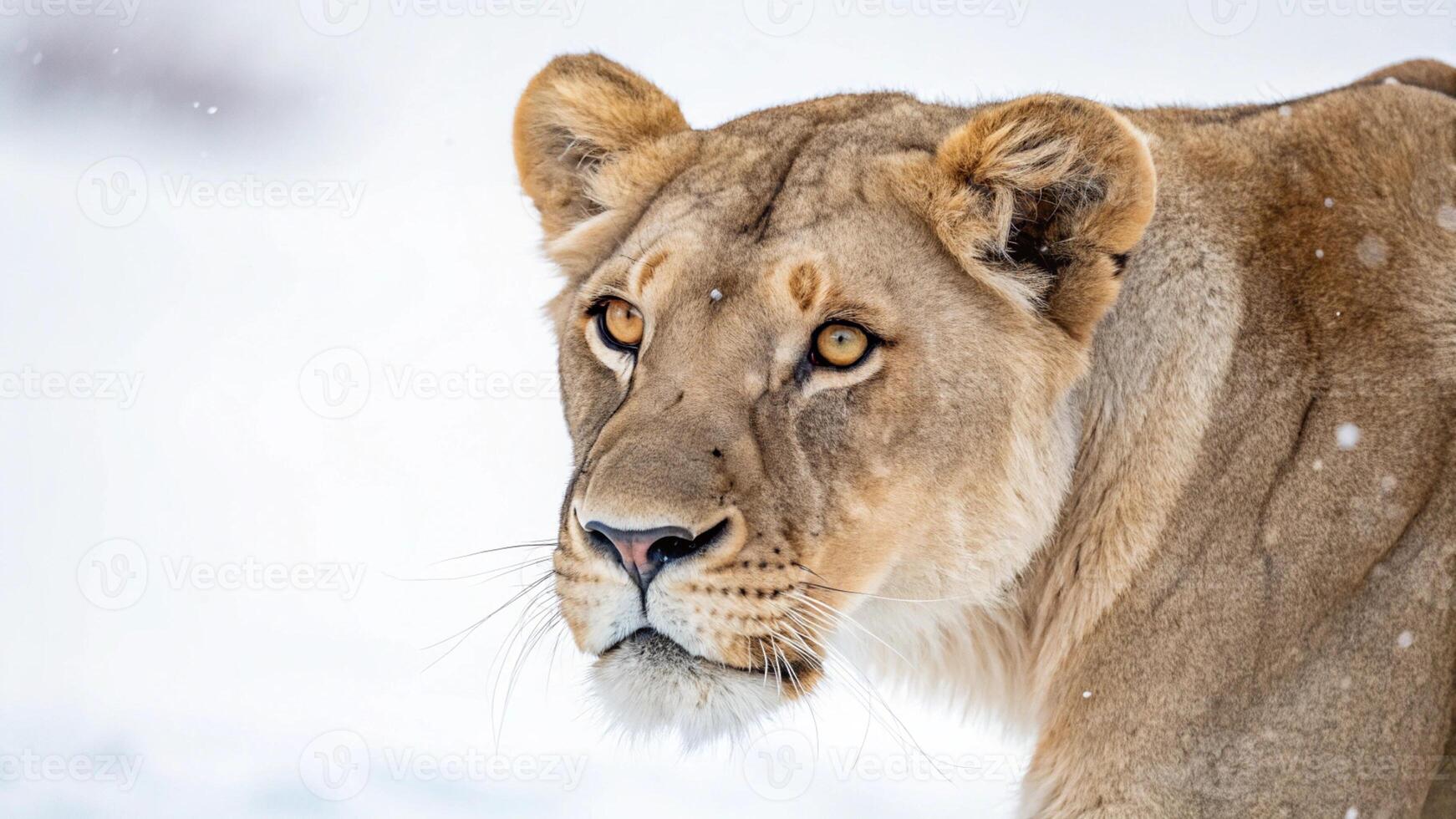 a lion is standing in the snow photo