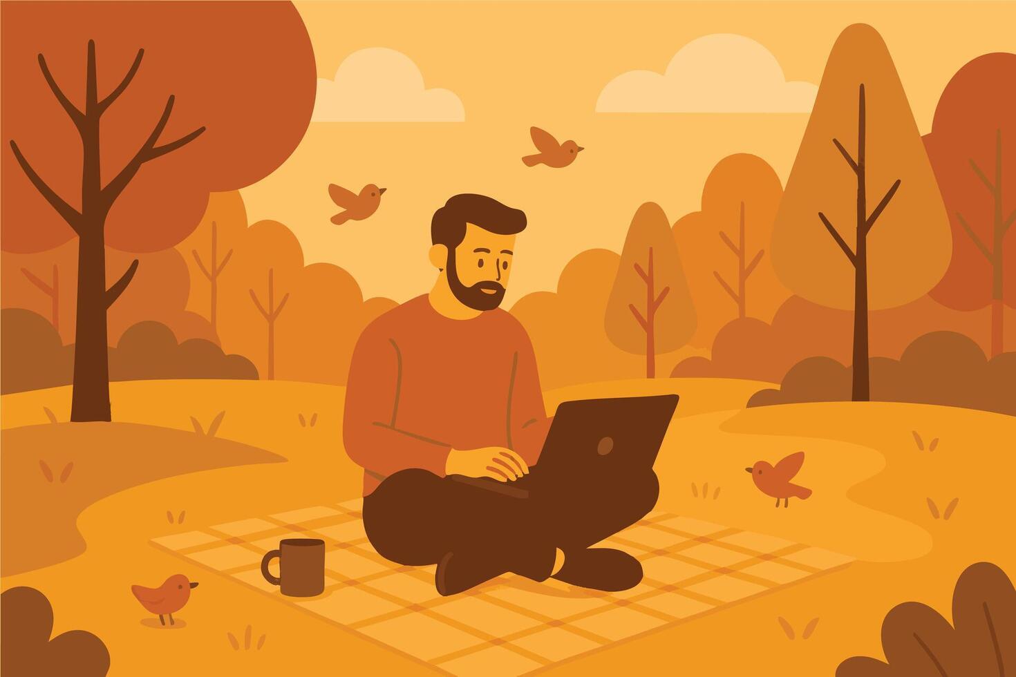 A man sitting cross-legged on a picnic blanket, working on his laptop in a golden forest park. vector