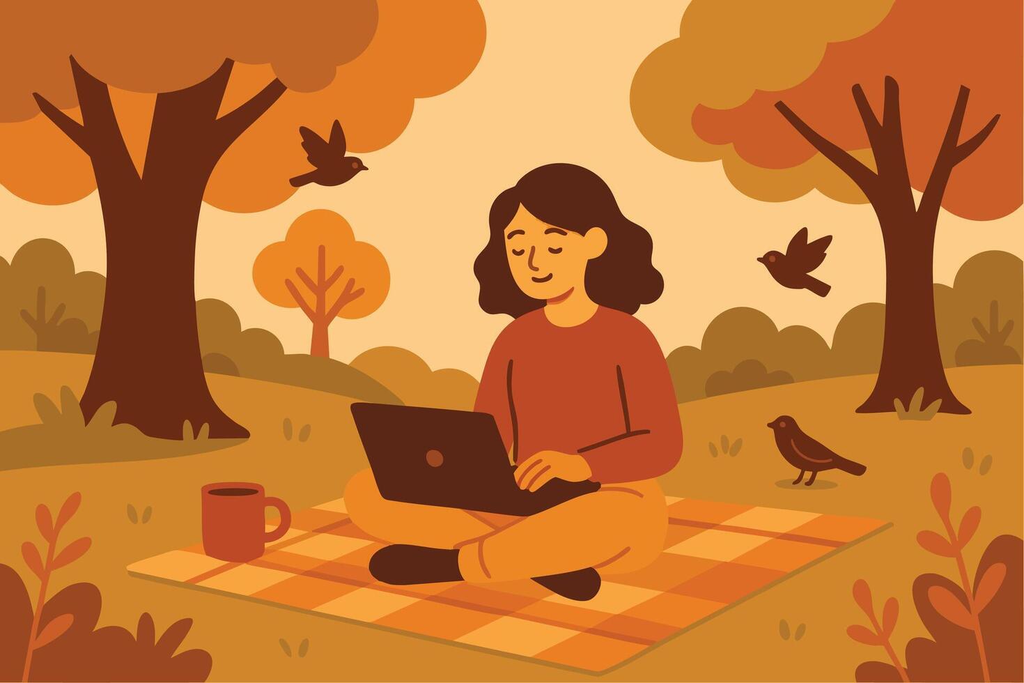 A woman enjoying remote work on a picnic blanket in a peaceful autumn park with birds around. vector