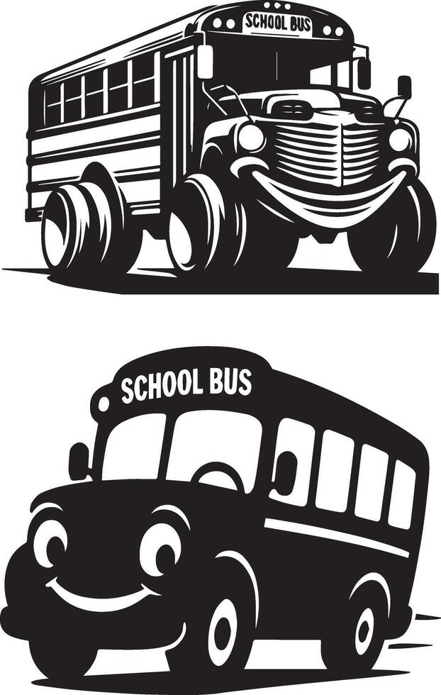 Cartoon School Bus Clipart Smiling Black and White Vehicle Illustration vector
