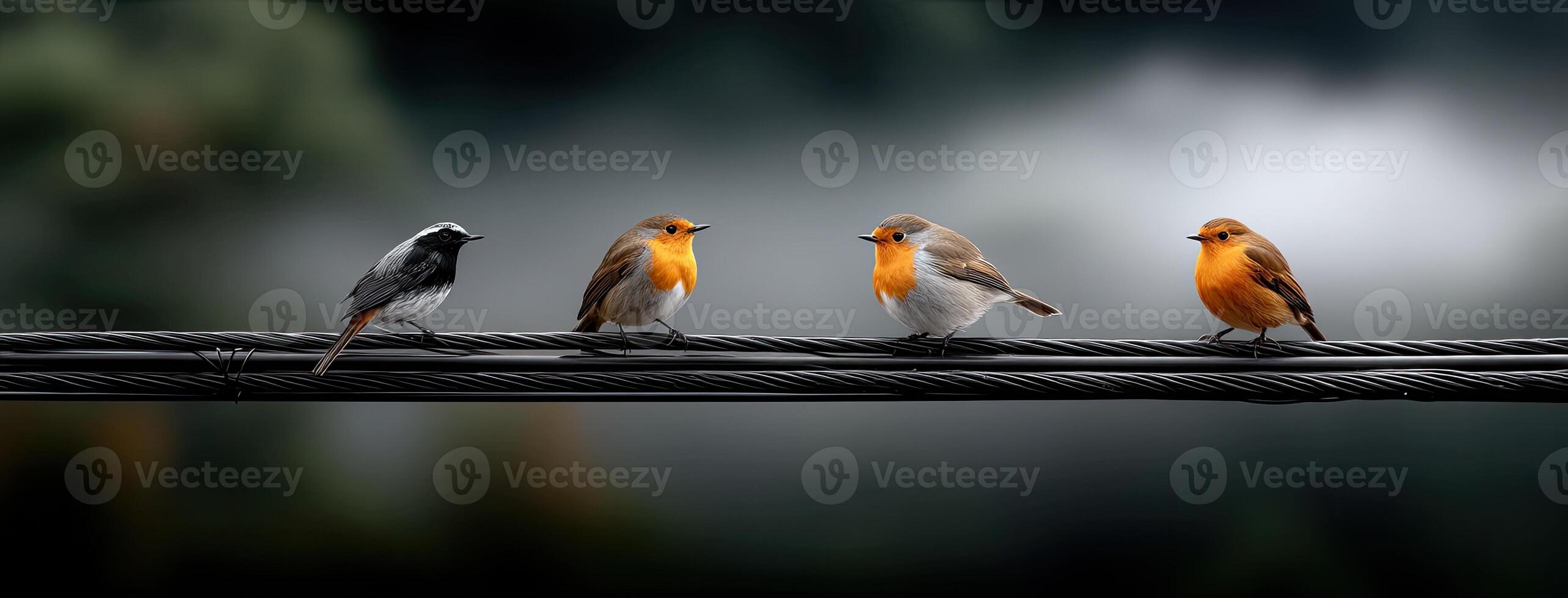 Four birds sitting on a wire with a blurry background photo