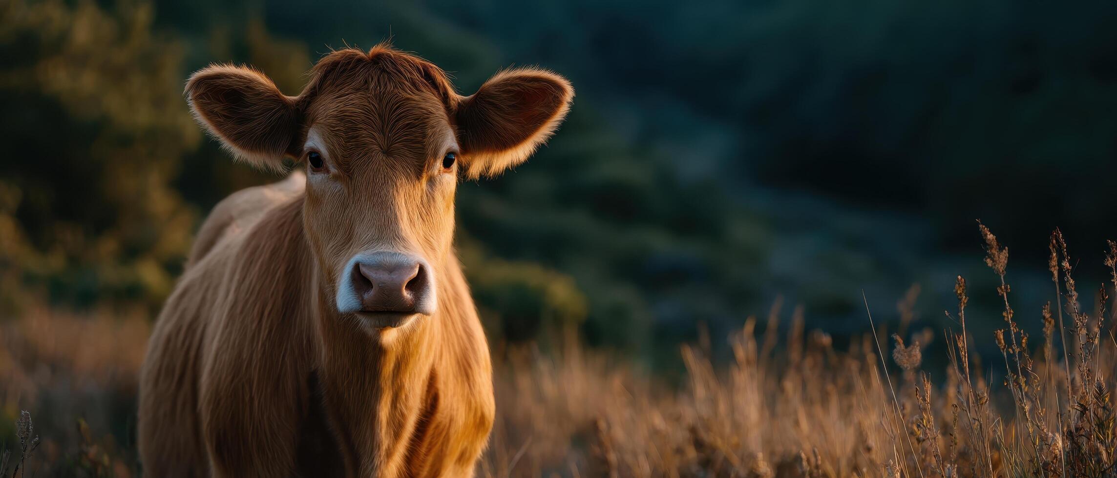 Calf grazing in sunlit meadow at dawn minimalist nature photography tranquil environment photo