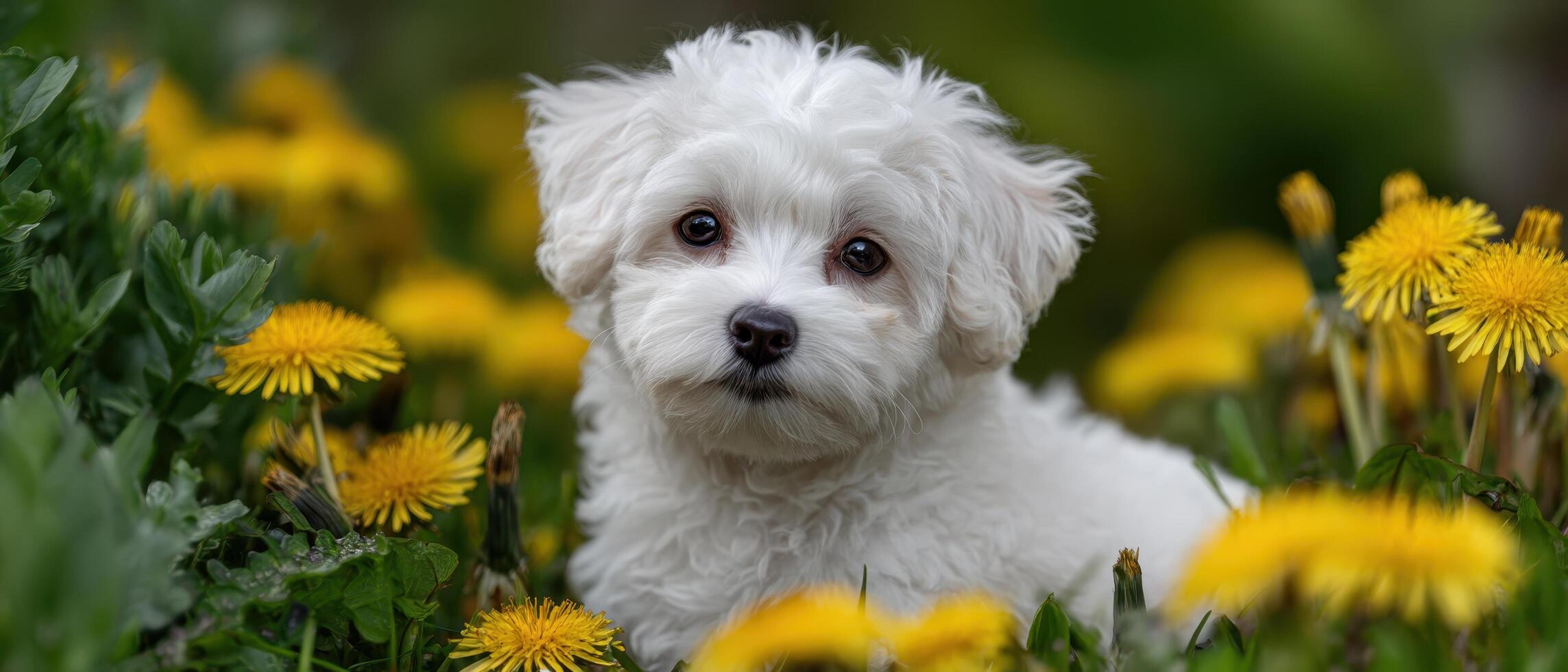 Playful bichon frise puppy surrounded by dandelions in a warm garden setting photo