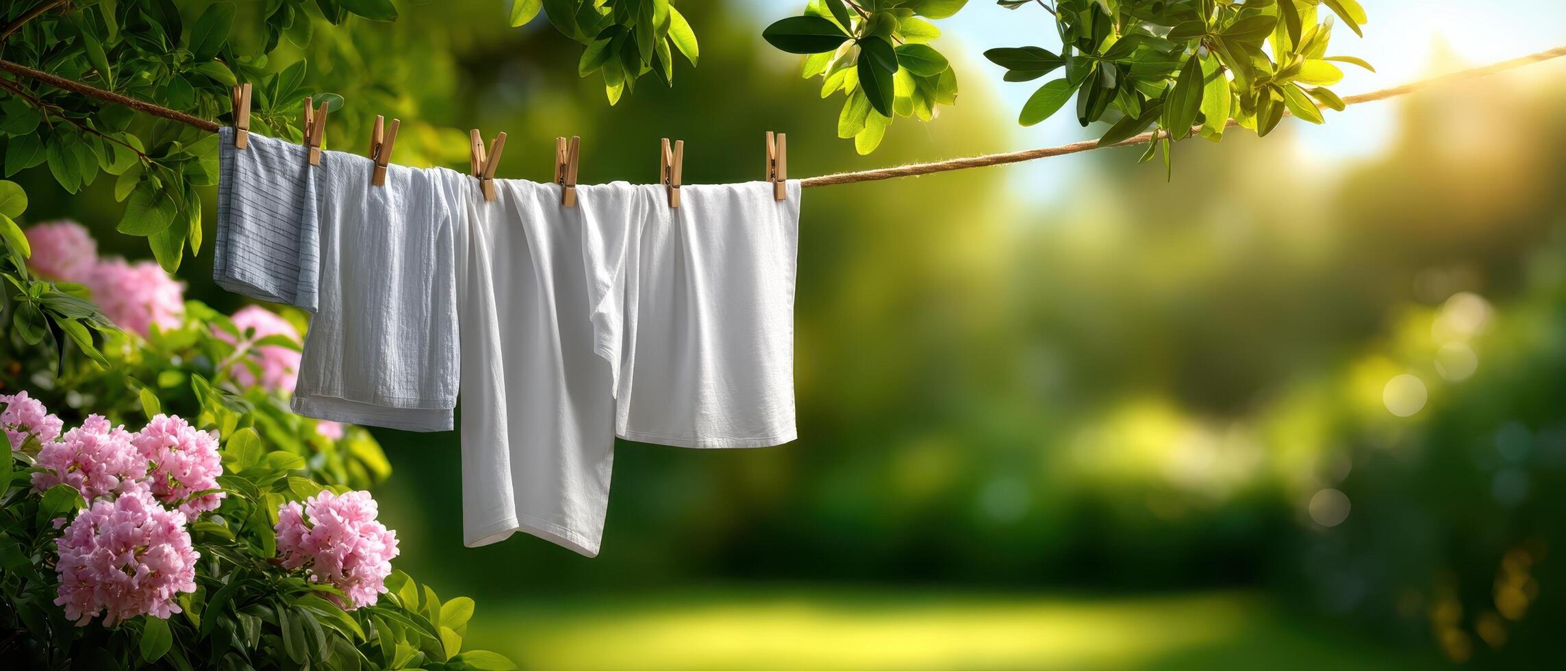 Fresh laundry hanging in garden under morning sunlight relaxing nature scene peaceful environment photo