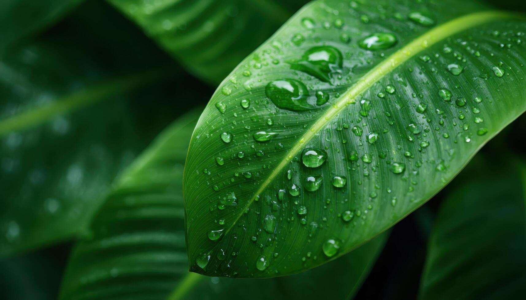 Macro texture of banana leaf veins with water droplets nature close-up lush greenery photo