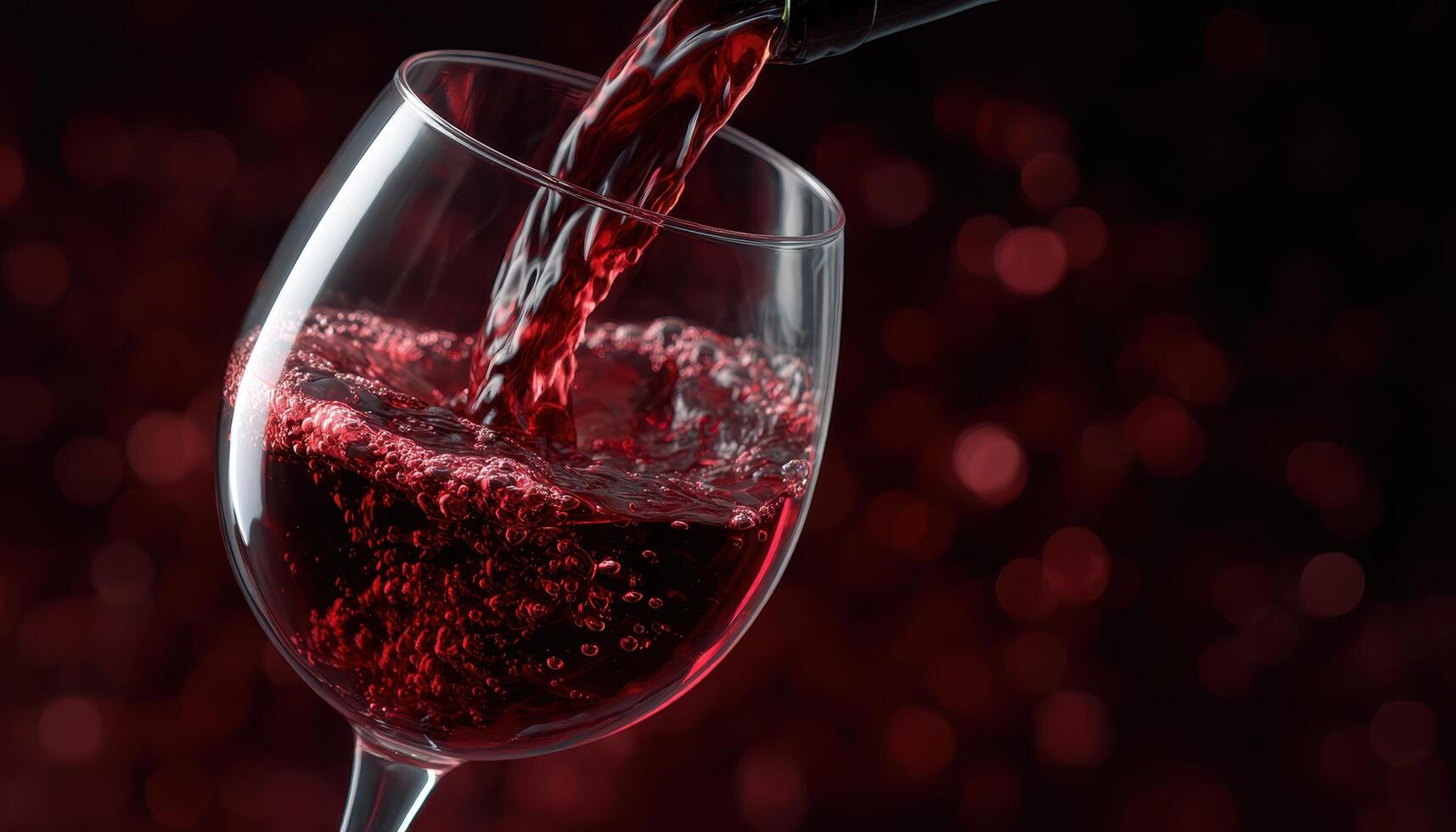 Elegant red wine pouring into glass with splashes and bubbles dining room close-up photography photo