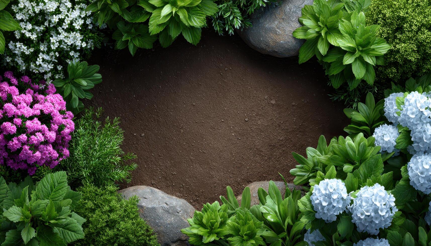 Vibrant blooming garden top view natural setting landscape photography copy space photo