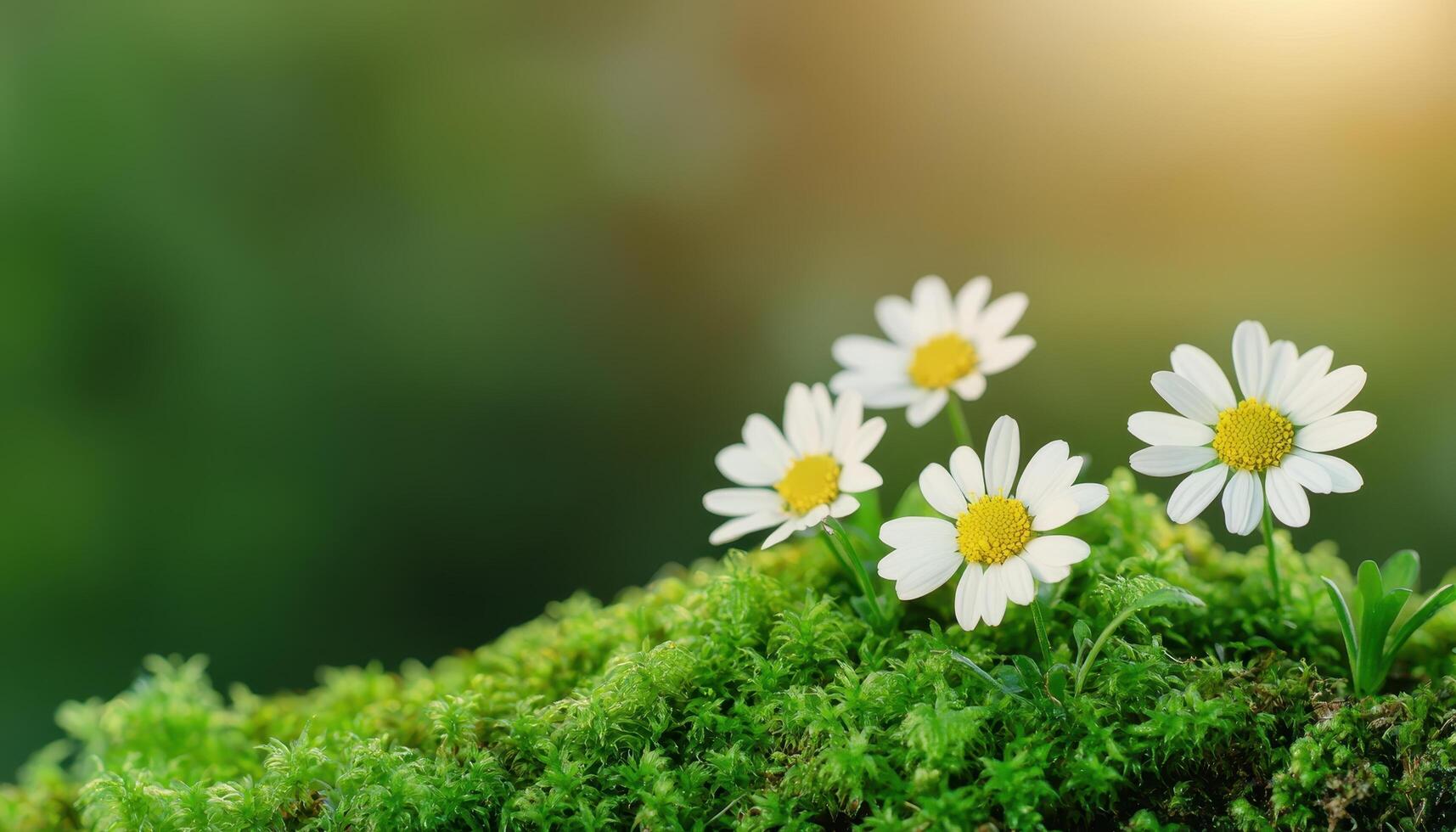 Moss texture with tiny wildflowers nature close-up photography soft background serenity photo
