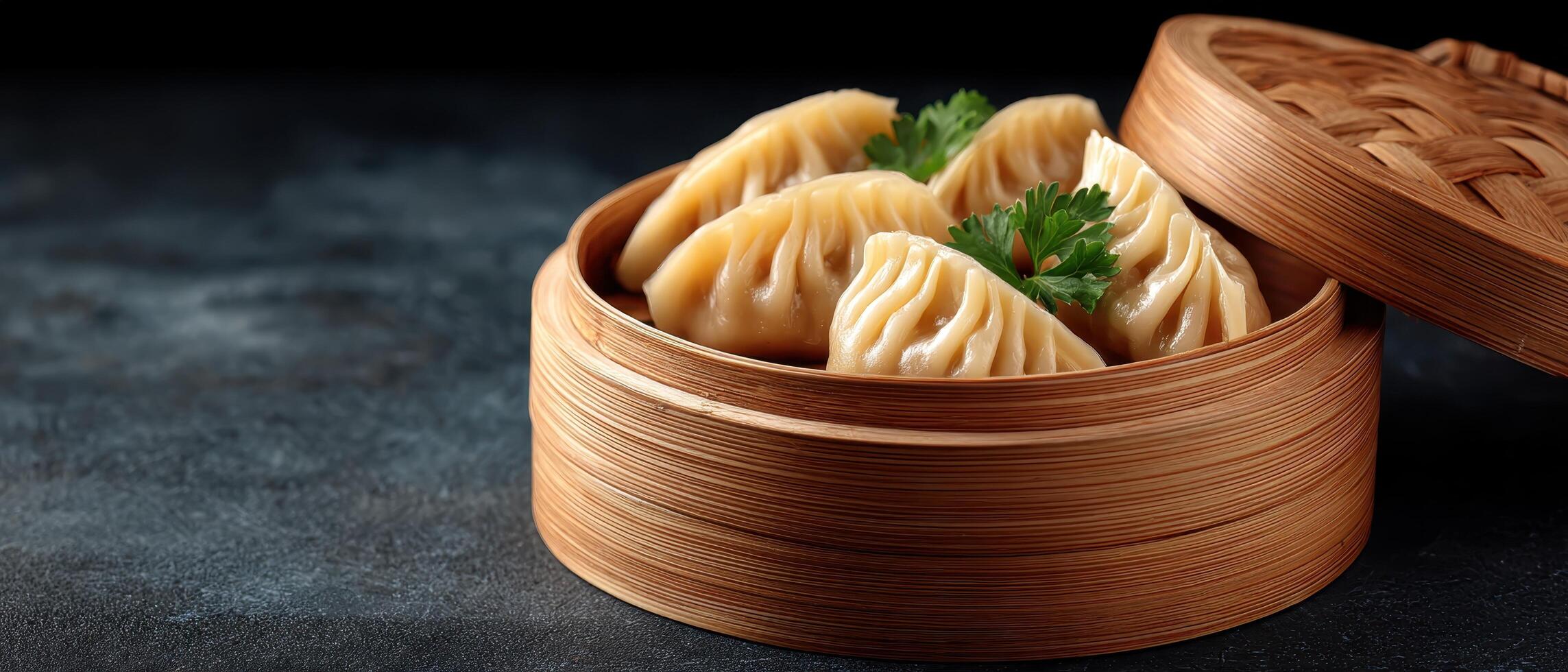 Steamed asian dumplings in bamboo steamer culinary delight soft daylight close-up view photo