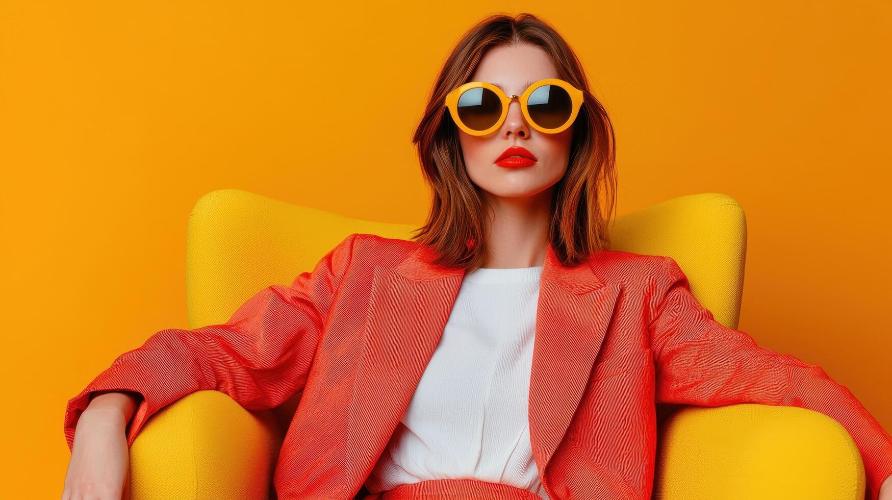 Trendy girl in stylish outfit on bright yellow chair indoor fashion shoot vibrant setting photo