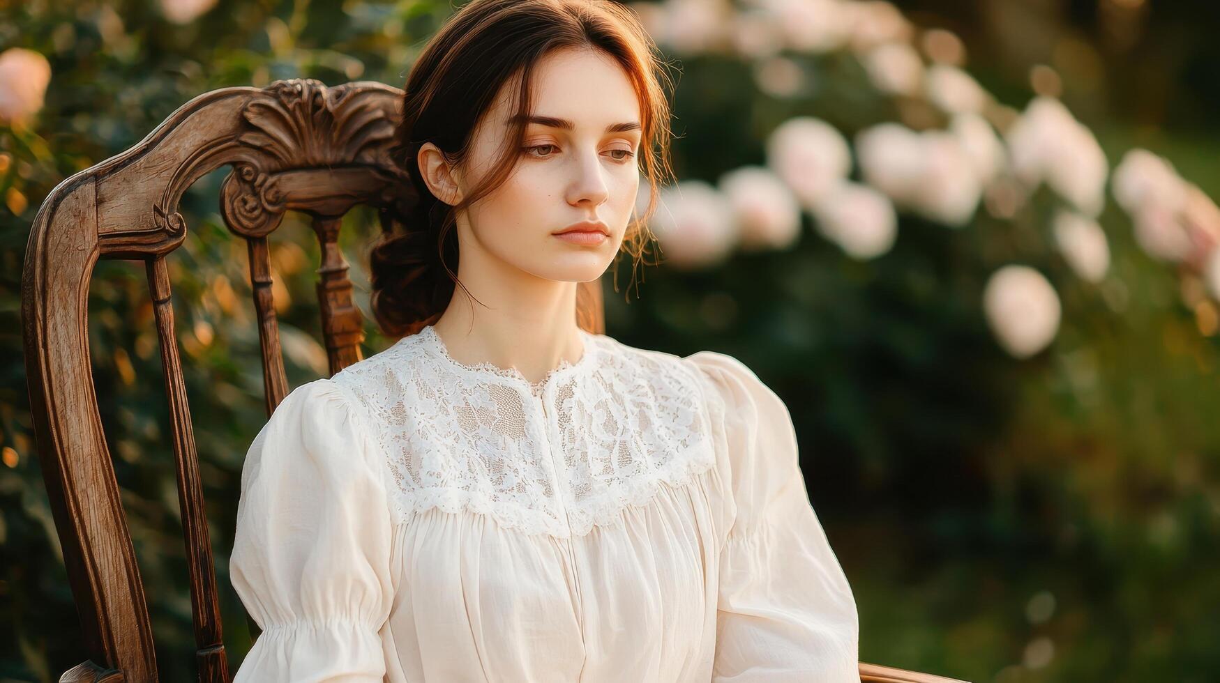 Elegant woman in vintage dress on antique wooden chair garden setting portrait photography photo