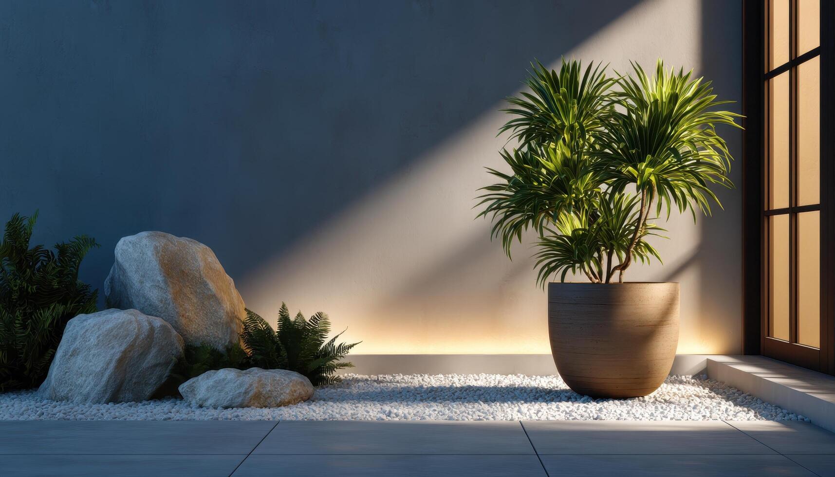 Minimalist backyard night lighting design with greenery outdoor space modern aesthetics photo
