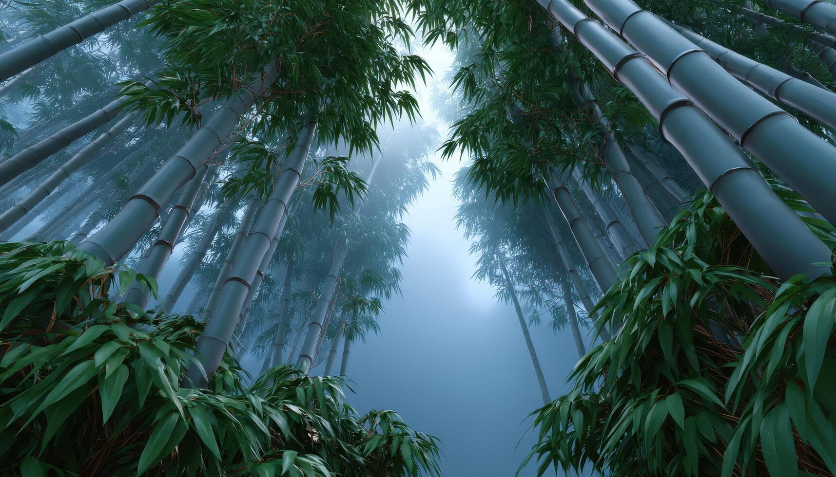 Fog drifting through tall bamboo trunks in a serene forest landscape cinematic view photo