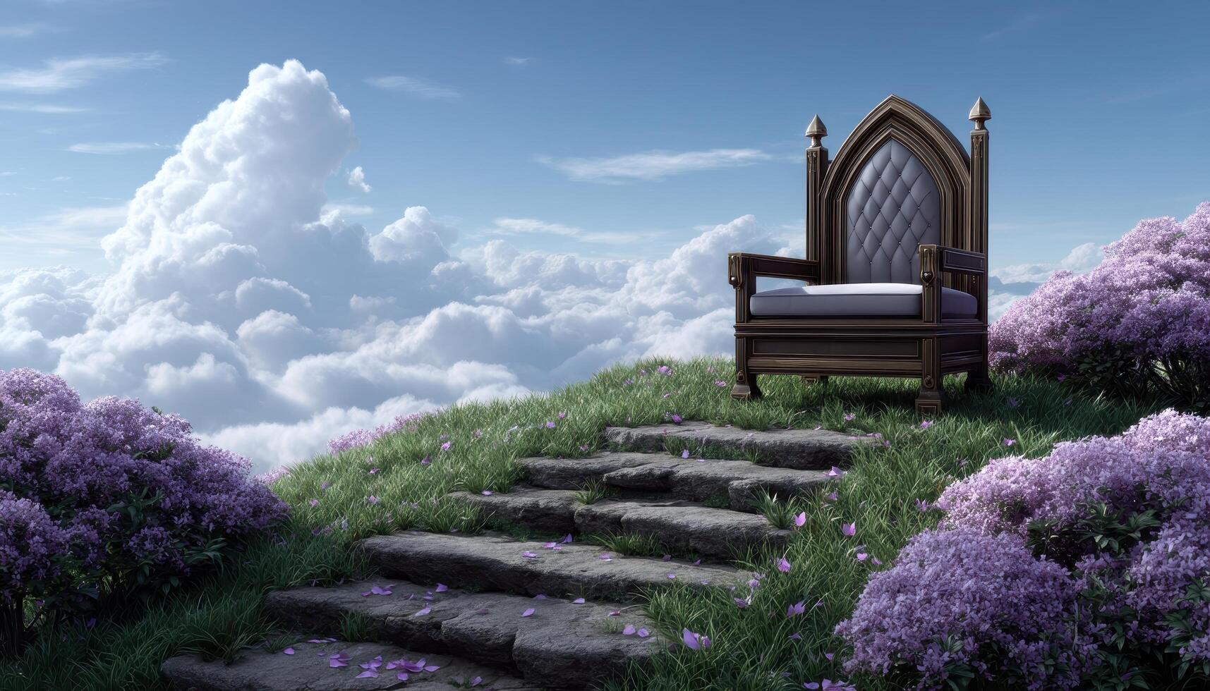 Majestic sunlit throne on grassy hill surrounded by clouds dreamlike landscape serene view photo