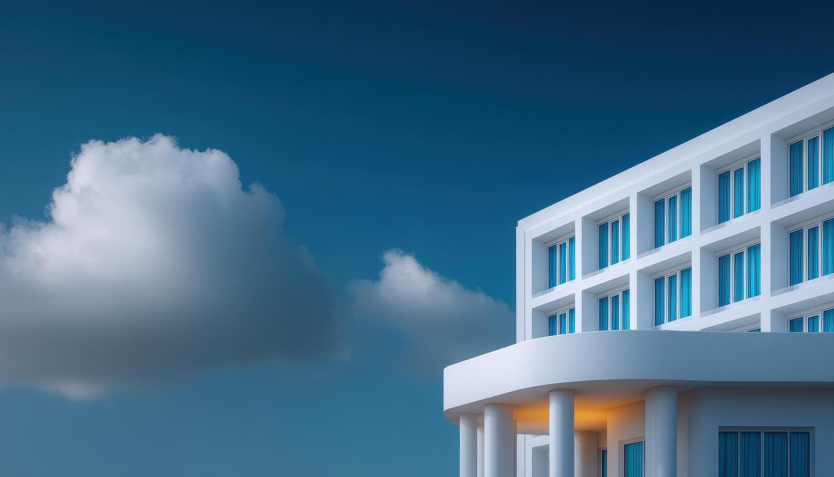 Seaside brutalist hotel facade under overcast sky clean lines minimalist architecture photo