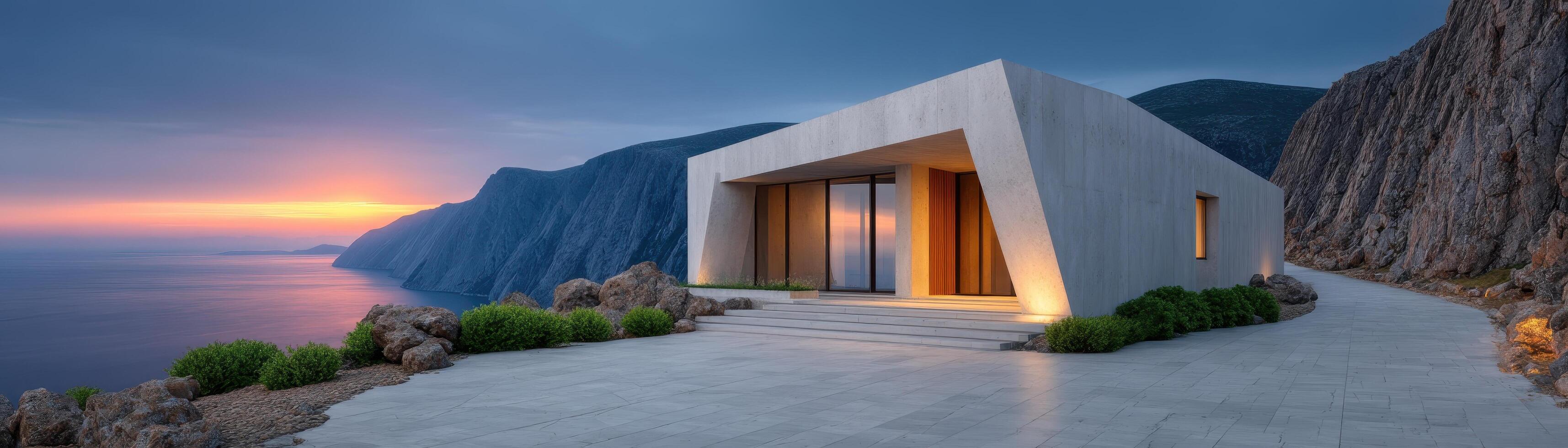 Modern house on rocky cliff with panoramic view at sunset architecture scenic minimalist photo