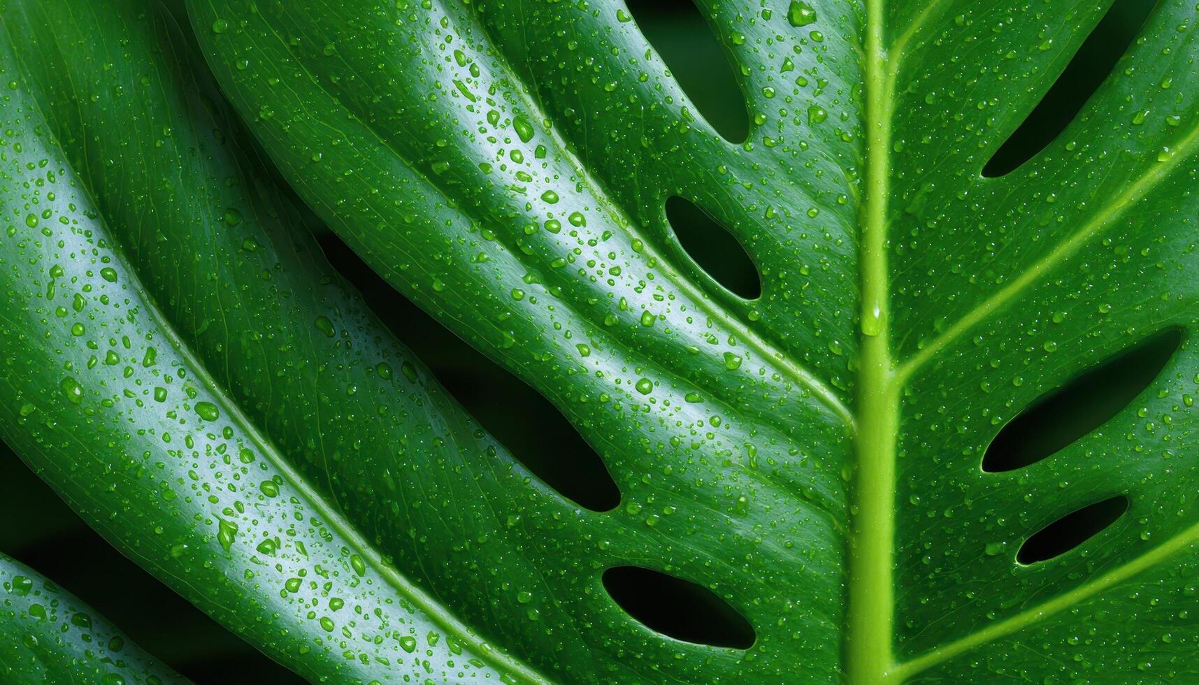 Macro view of tropical monstera leaf texture and holes in a lush environment photo