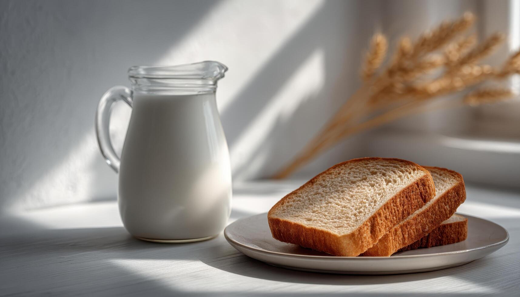 Minimalist composition of sliced bread and milk jug in bright kitchen setting photo