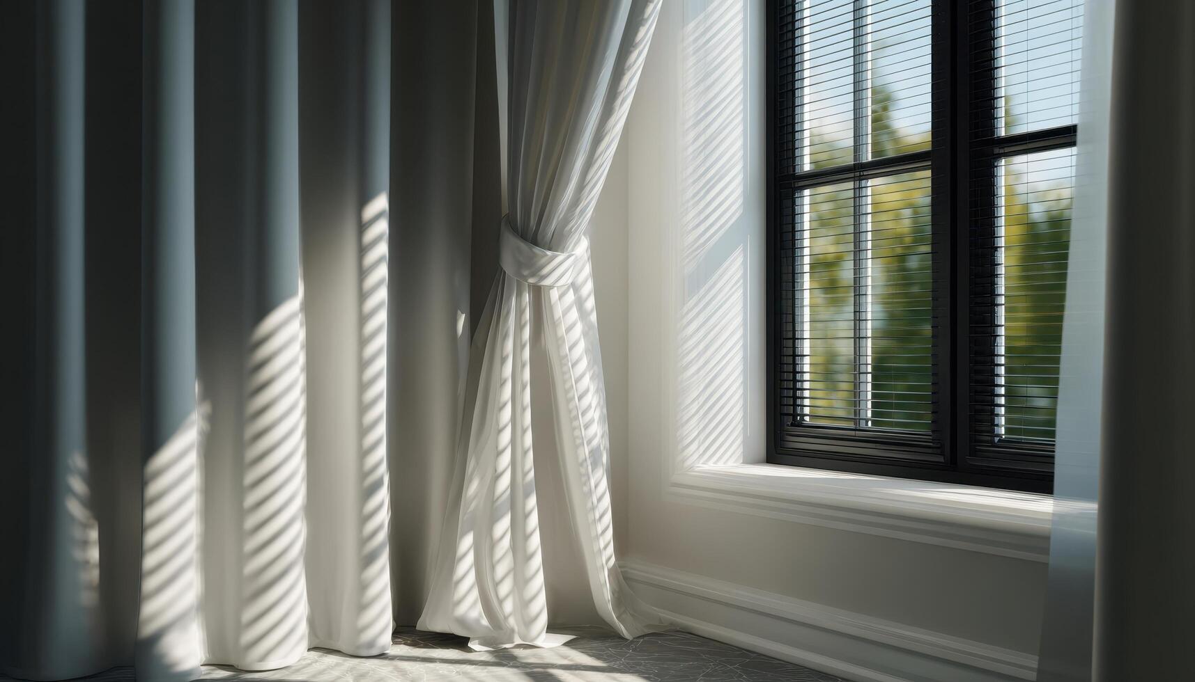 Modern blackframed window with sleek blinds casting geometric shadows in a bright room photo