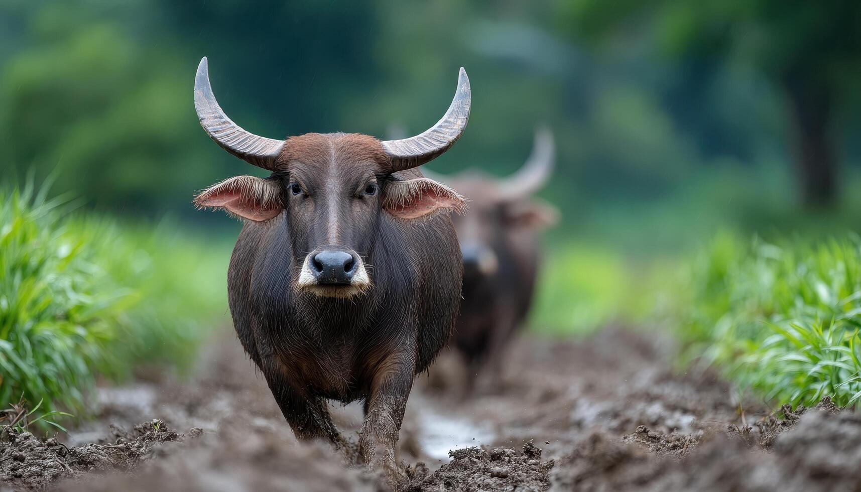 Old wooden water buffalo cart navigating muddy rural landscape nature photography close-up view photo