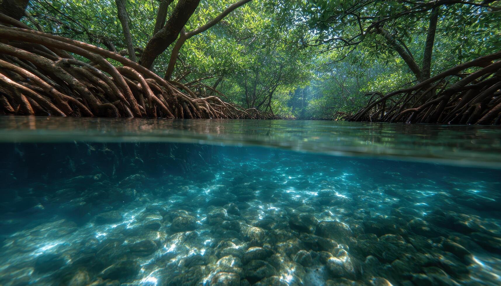 Exploring tropical mangrove roots in brackish water ecosystem nature photography underwater view photo