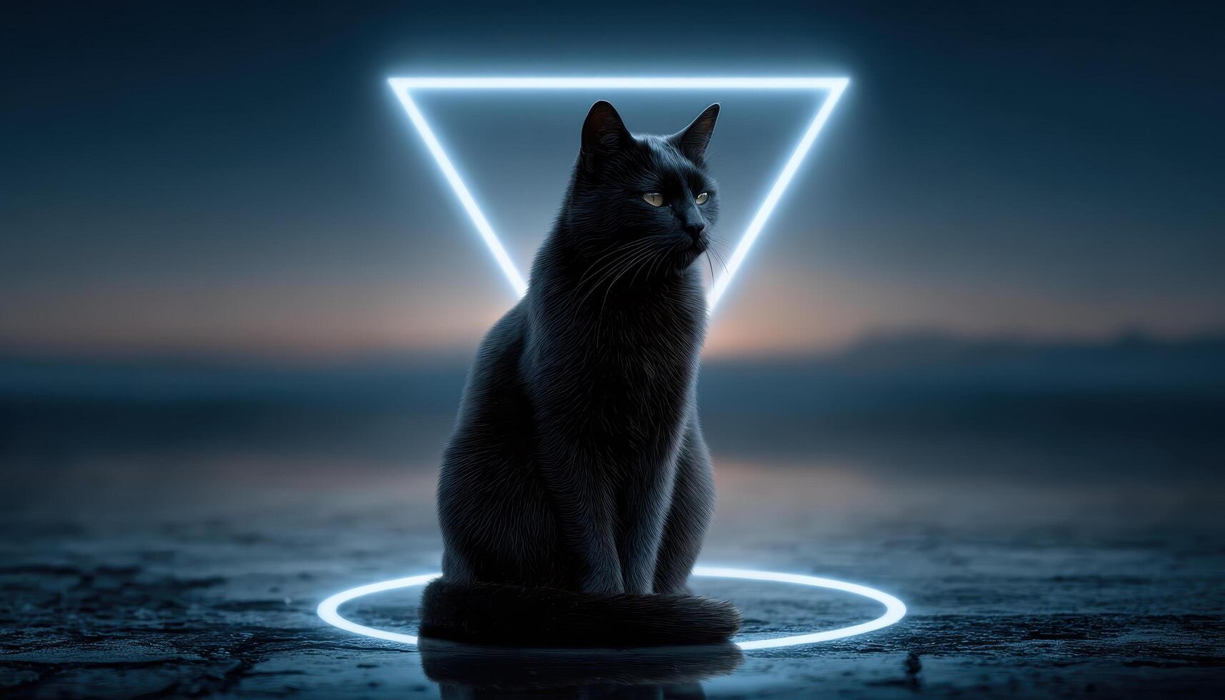 Mystical black cat sitting in glowing geometric shape dark environment artistic concept photo