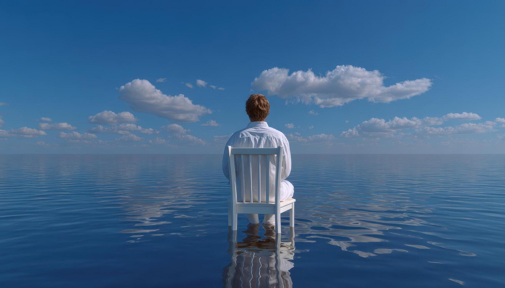 Person sitting on a floating chair in the middle of the ocean dreamlike landscape serene environment photo