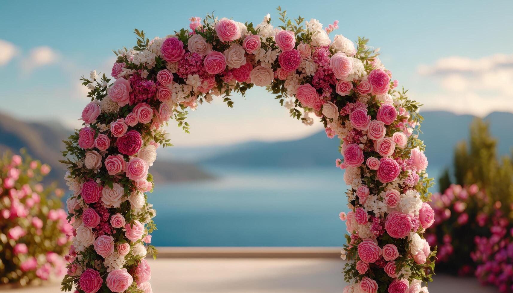 Beautiful wedding arch with fresh flowers overlooking serene lake outdoor celebration scenic view photo