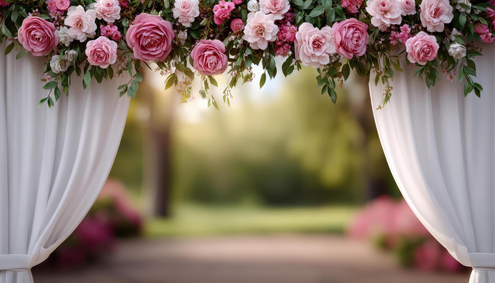 Elegant wedding ceremony with floral arch outdoor garden photography natural light romantic vibe photo