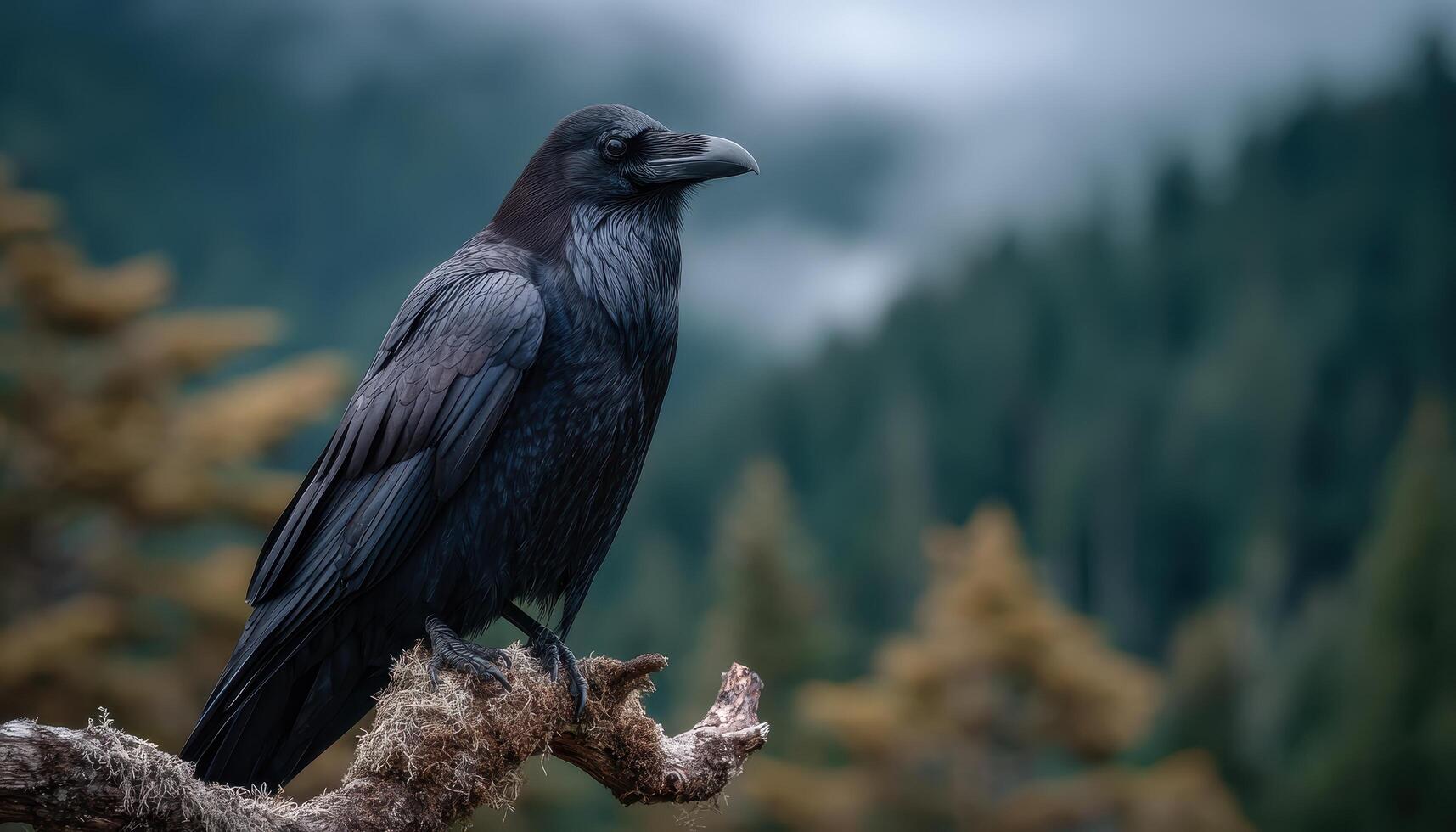 Mysterious black raven perched on twisted branch misty forest background nature photography photo