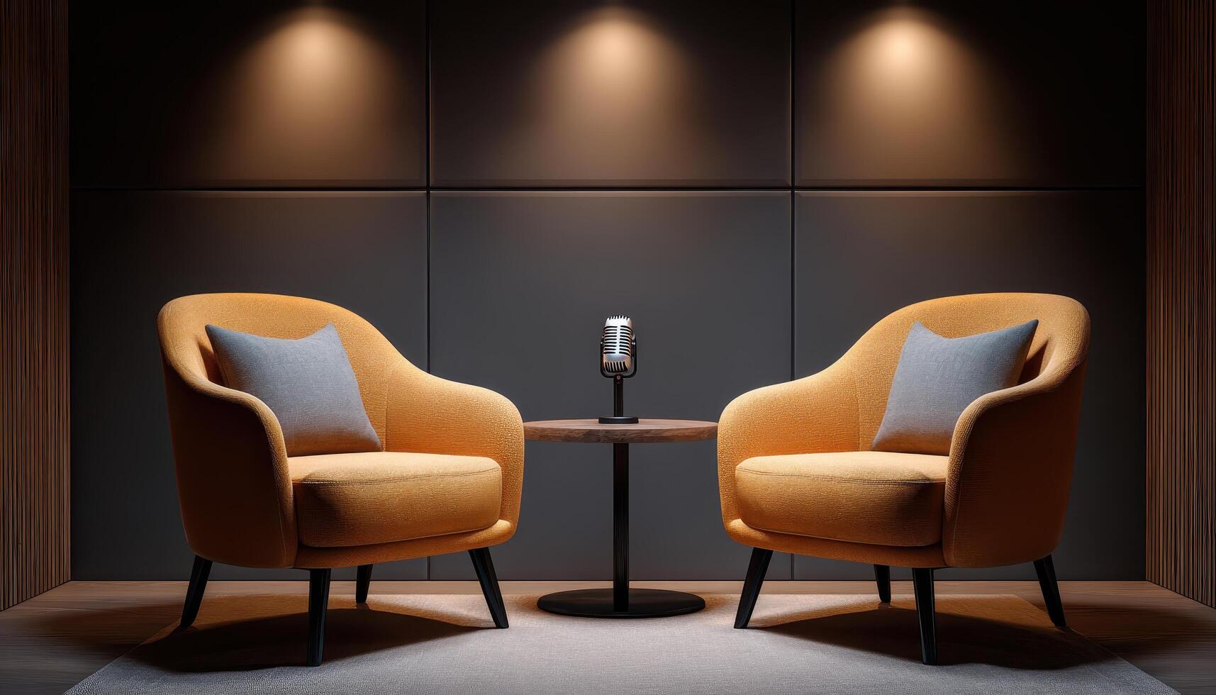 Cozy podcast setup with twin cushioned chairs studio photo indoor front view comfort