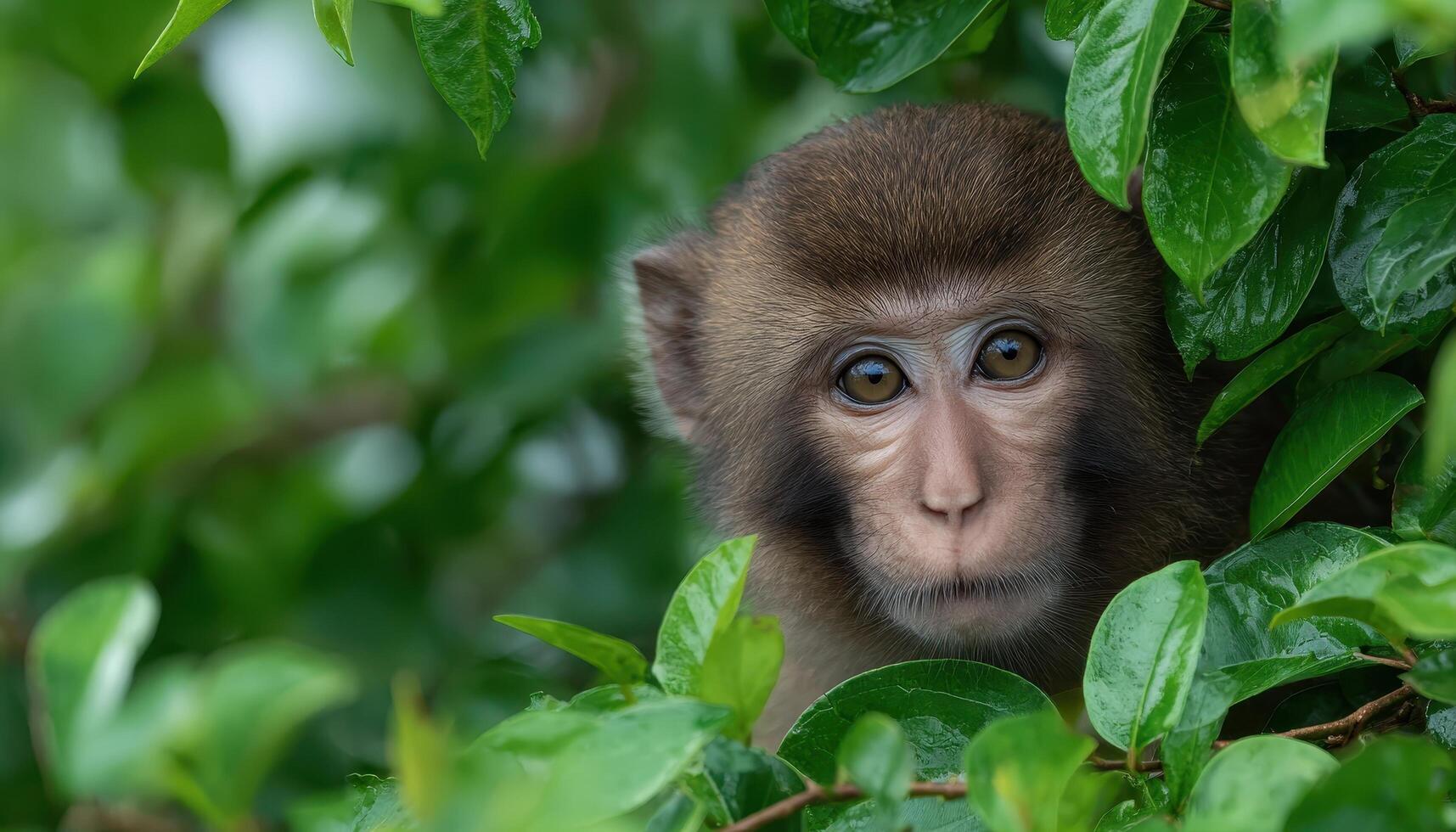 Curious rainforest monkey hanging from vine in vibrant jungle nature photography close-up view photo